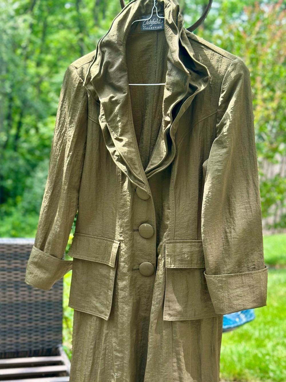 Ashfield Collection Olive Shimmer Duster Coat Wired Sculptural Ruffle Collar
